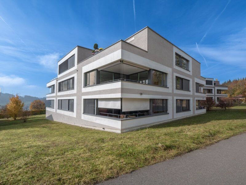 Moderner Hausblock im Grünen. Schöne Architekturfotografie