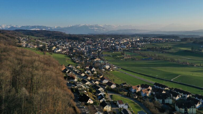 Luftaufnahme drohnenshot Wohnsiedlung mit Bergkulisse